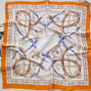 Silk-Effect Orange Trim Scarf with Chain and Bridle Print